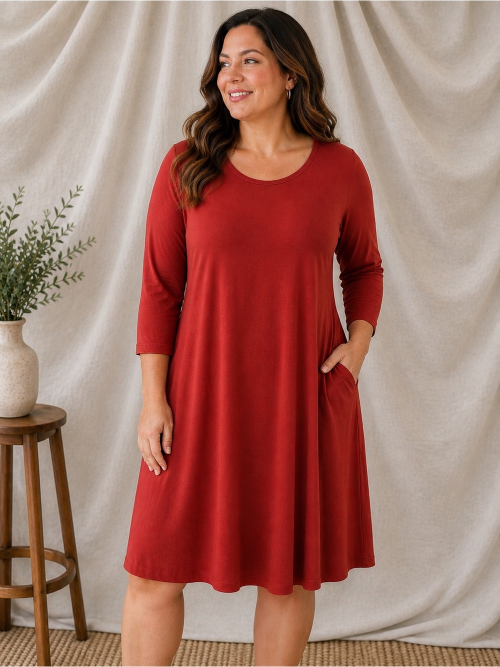 Tahari Pumpkin Orange Scoop-Neck Midi Dress
